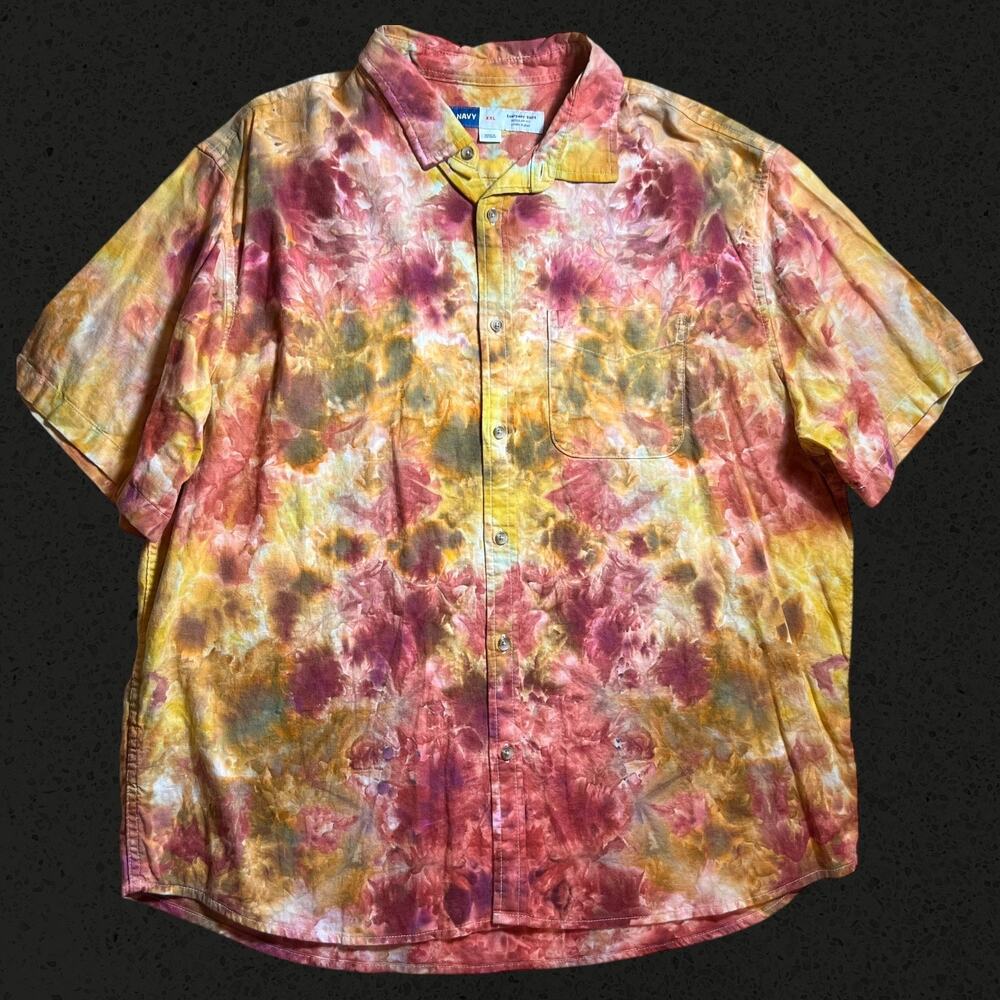 Men’s 2XL Regular Fit Short Sleeve Button Down Shirt Tie Dye Old Navy Festival